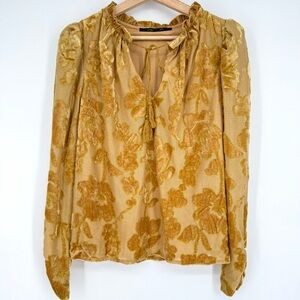 Marc New York Andrew Marc Gold‎ Floral Flocked Velvet Tassel Tie Blouse Top S